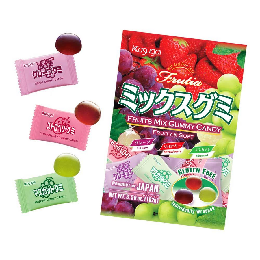 Japanese Frutia Mix Gummy Candy - Grape & Strawberry & Muscat, 102g
